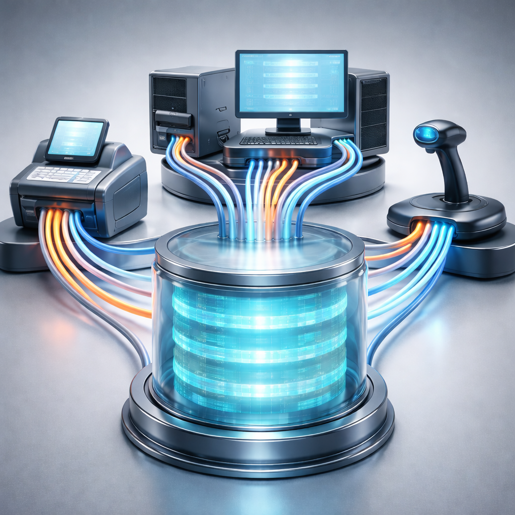 Ilustração 3D realista da unificação de dados no Maloka Core, por meio de três dispositivos genéricos — um caixa PDV, um computador de mesa representando um ERP e um leitor de código de barras — conectados por cabos luminosos azuis e alaranjados que convergem para um reservatório cilíndrico de vidro ao centro. Dentro do reservatório, camadas horizontais suaves e organizadas simulam dados estruturados.