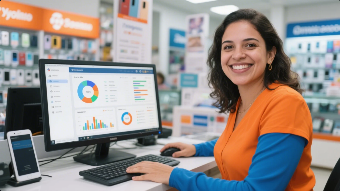 Uma mulher varejista sorrindo enquanto trabalha com dashboards de IA em uma loja de eletrônicos.