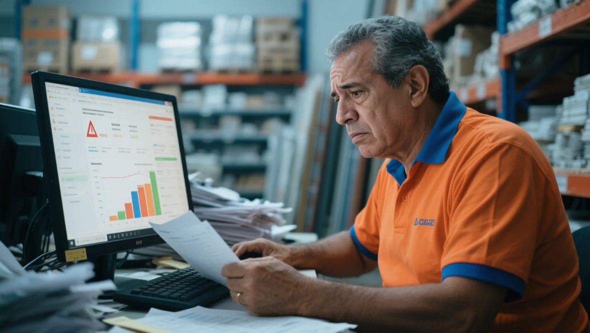 Um varejista homem com expressão de preocupação analisando dados e indicadores de uma loja de materiais de construção.