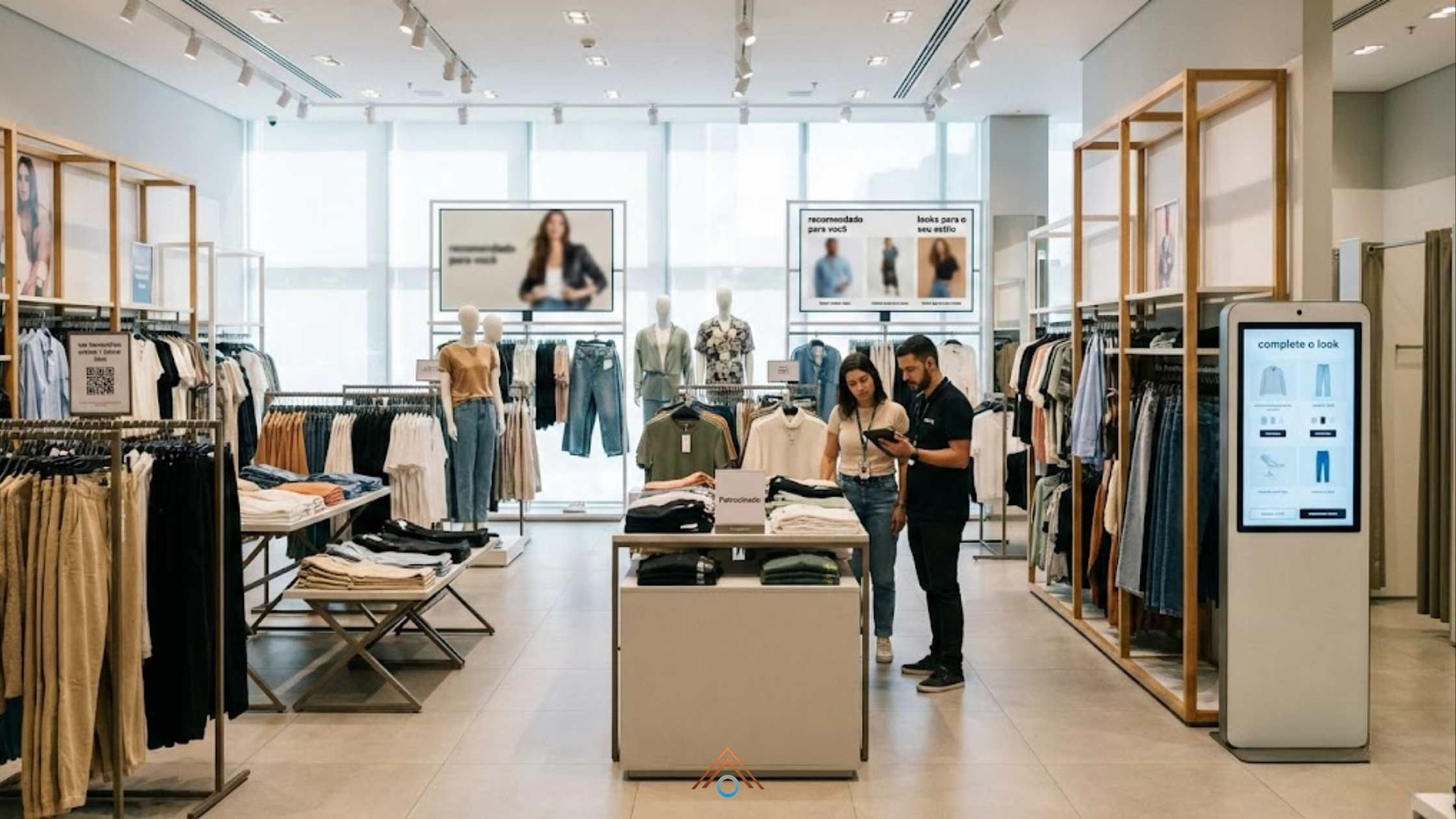 Loja de roupas moderna e bem iluminada, com araras organizadas e mesas centrais de exposição. No fundo, duas telas digitais exibem recomendações de looks personalizados. À direita, um totem interativo sugere combinações de peças, enquanto um casal consulta um tablet no centro da loja. Elementos como selo de produto patrocinado e QR code nas araras reforçam o conceito de retail media integrado ao ambiente físico.
